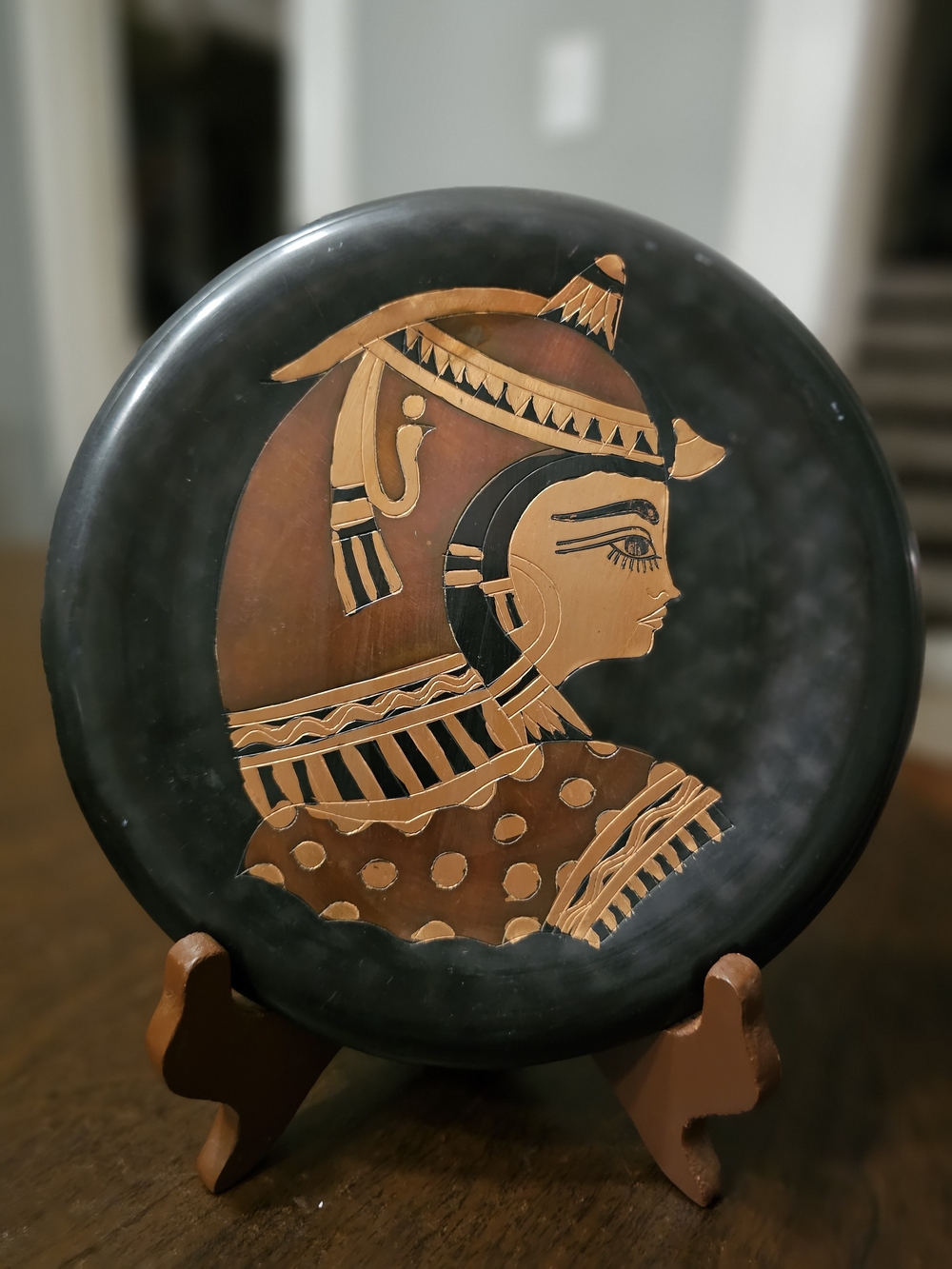 Vintage Egyptian Mixed-Metal Cleopatra Wall Plate – Black Oxidized Copper/Brass
